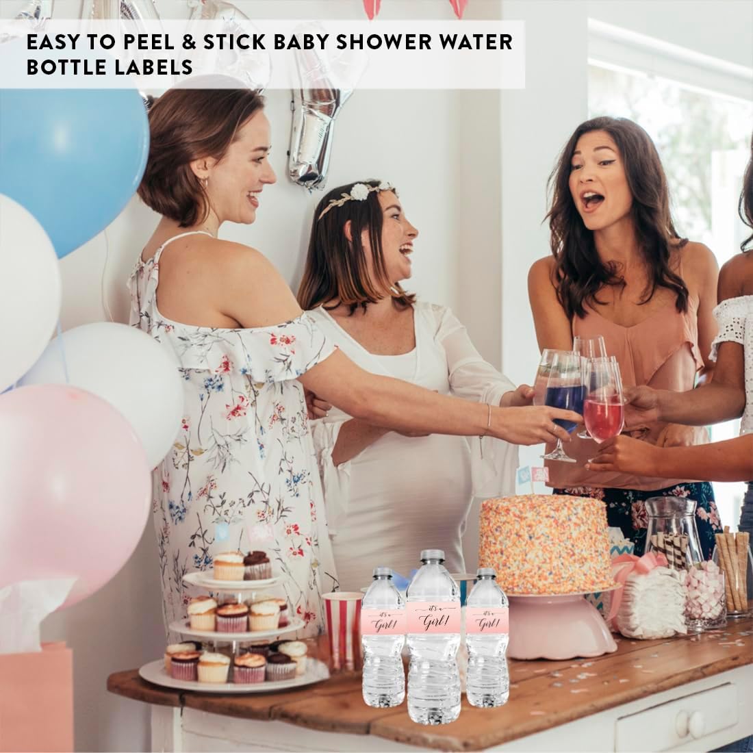 Andaz Press Blush Pink Rose Elegant Party Baby Shower Collection, Waterproof Water Bottle Labels, It's a Girl!, 20-Pack, Party Favors Decor Gift Ideas