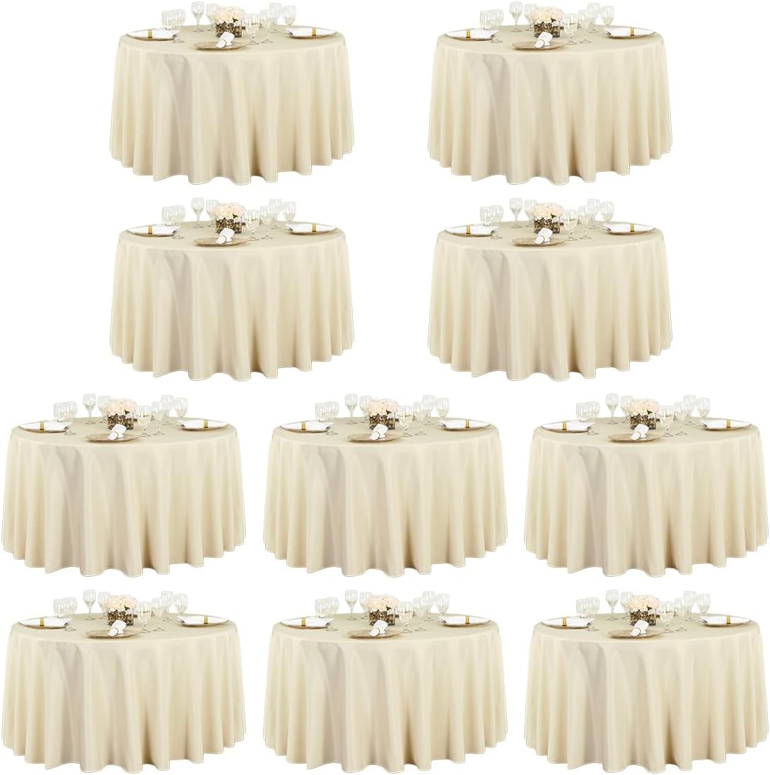 LTC LINENS 10 Pack 120 Inch Round Tablecloth Beige for 60 Inch Round Table - Bulk Round Table Cover - Washable, Wrinkle Resistant Polyester Fabric Cloth for Wedding, Party