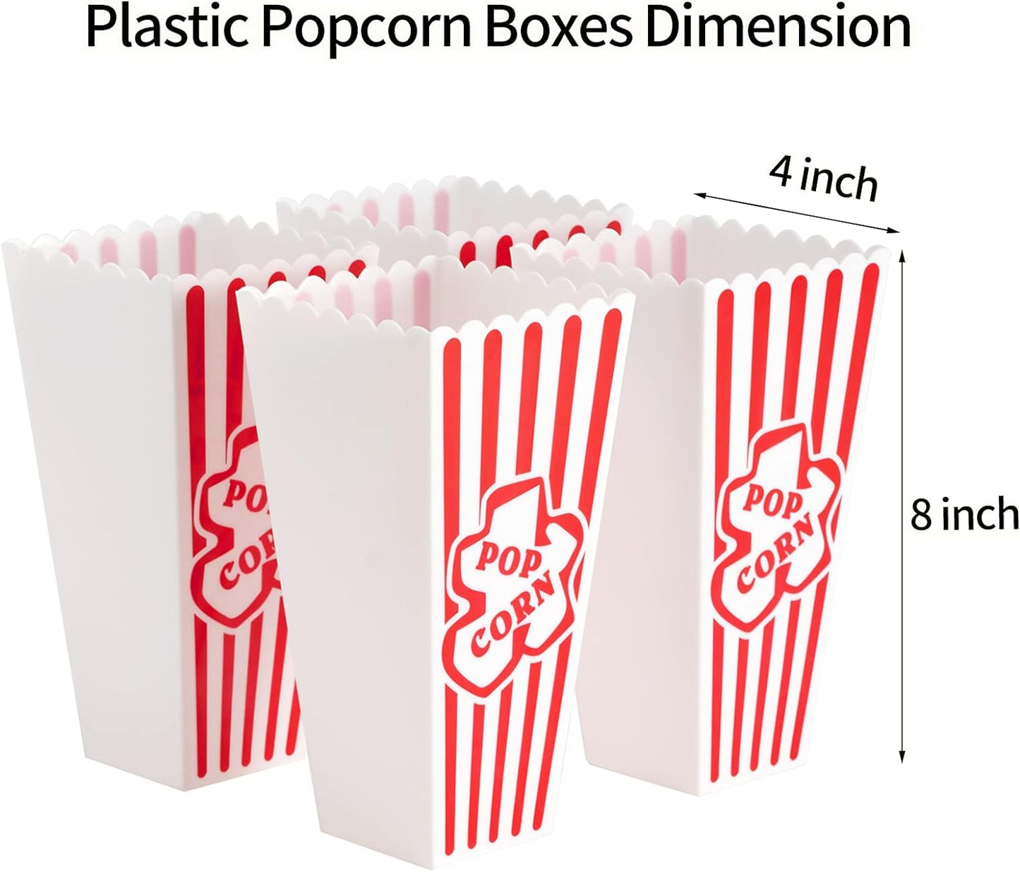 Plastic Popcorn Containers Red & White Striped Retro Style Reusable Popcorn Boxes for Movie Night 4”x8” (4 Pack)