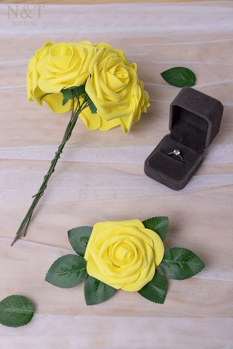 N&T NIETING Artificial Flowers, 25Pcs Fake Flowers Roses Perfect for DIY Wedding Bouquets Centerpieces Bridal Shower Party Home Flower Arrangement Easter Flower Decorations, Yellow