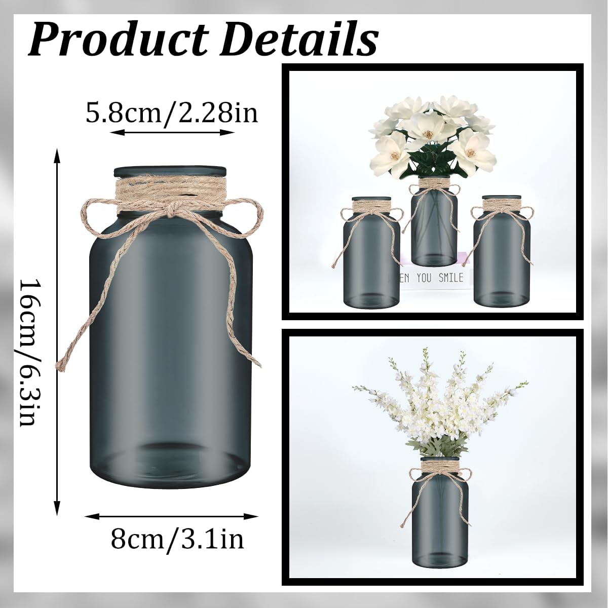 Vintage Glass Flower Vase，6 Pack Farmhouse Black Glass Centerpiece Vases Mason Jars for Halloween Weddings, Parties & Home Decor Bulk (6, Black)
