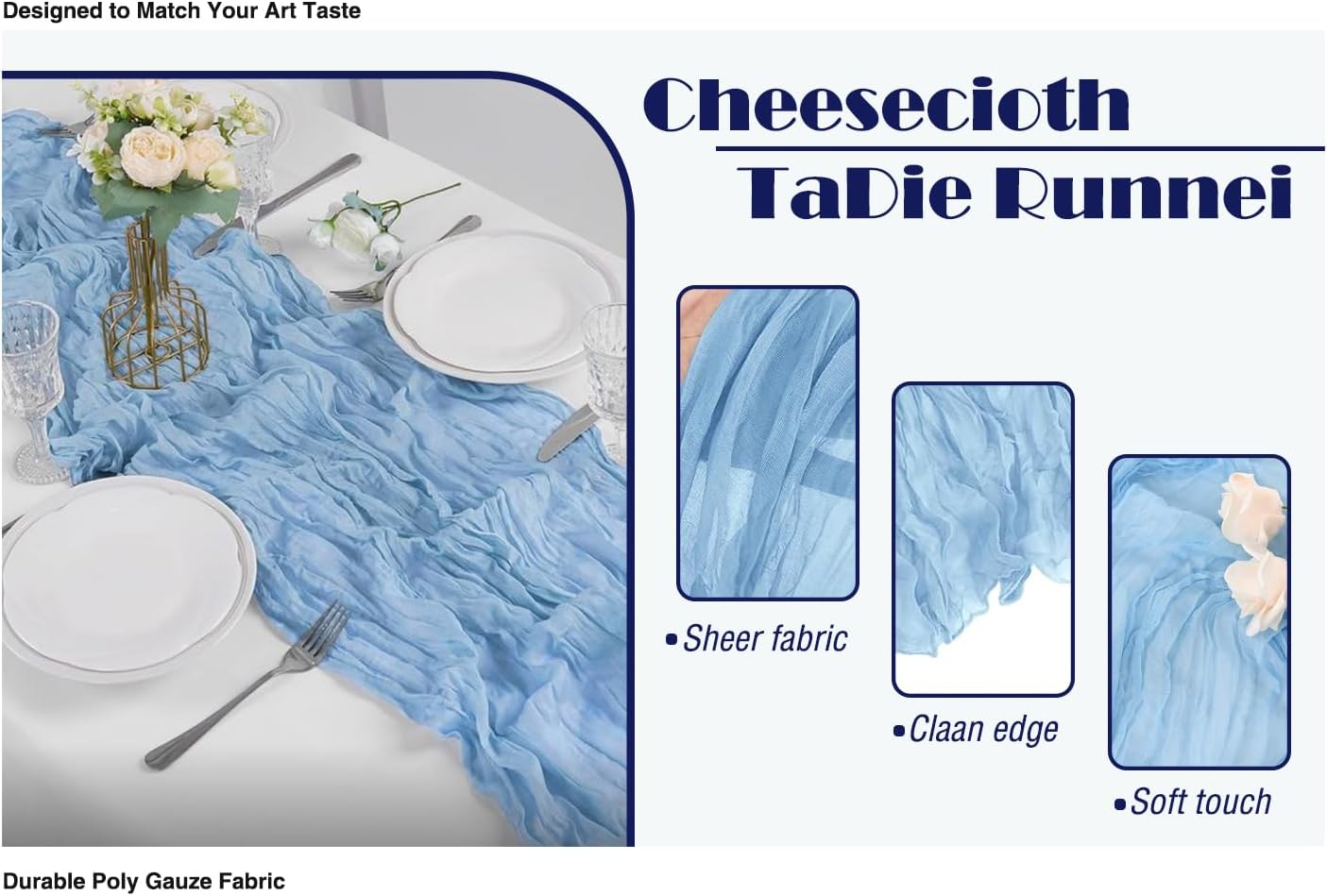 20 Pack Light Blue Cheesecloth Table Runner 17x108 Inch Boho Wrinkled Sheer Gauze Cheese Cloth Table Runner Bulk Decor for Wedding, Bridal Shower, Birthday Party