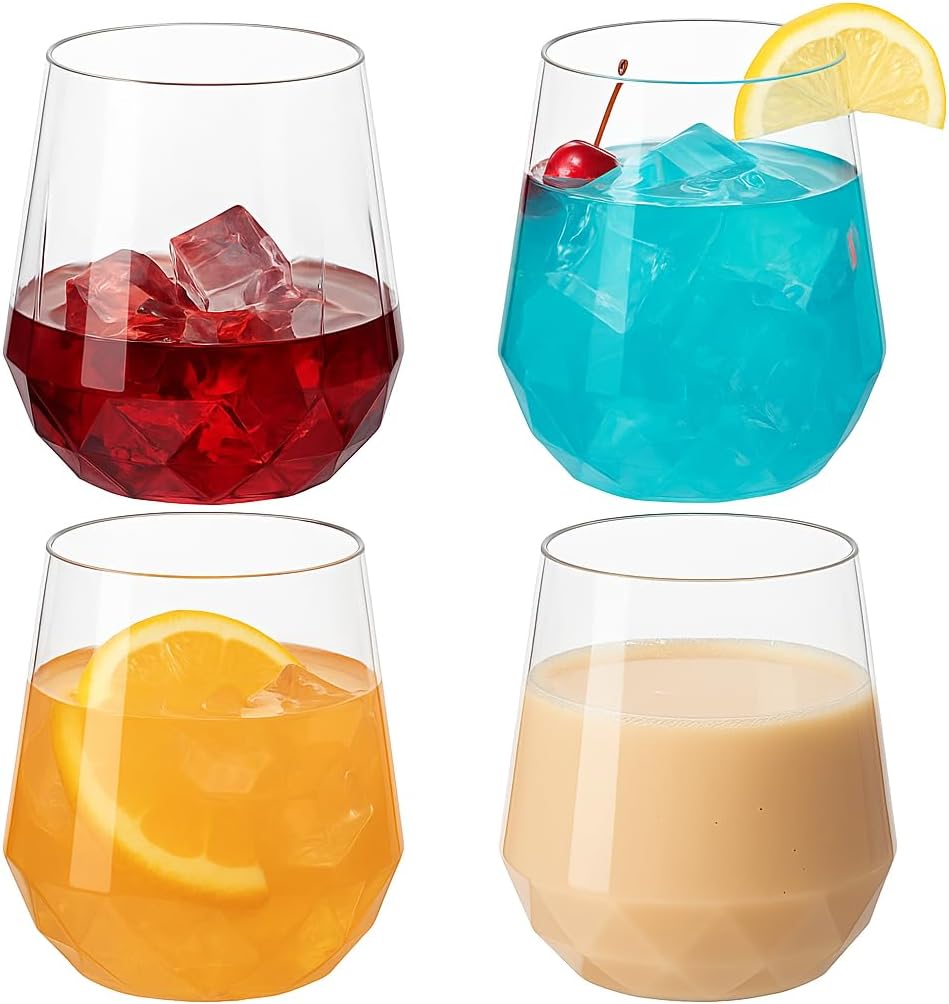 40 count Diamond Unbreakable Stemless Plastic Wine Champagne Whiskey Glasses Elegant Durable Disposable Indoor Outdoor Home office wedding bars 12 Ounce (Classic Old Fashioned Clear)
