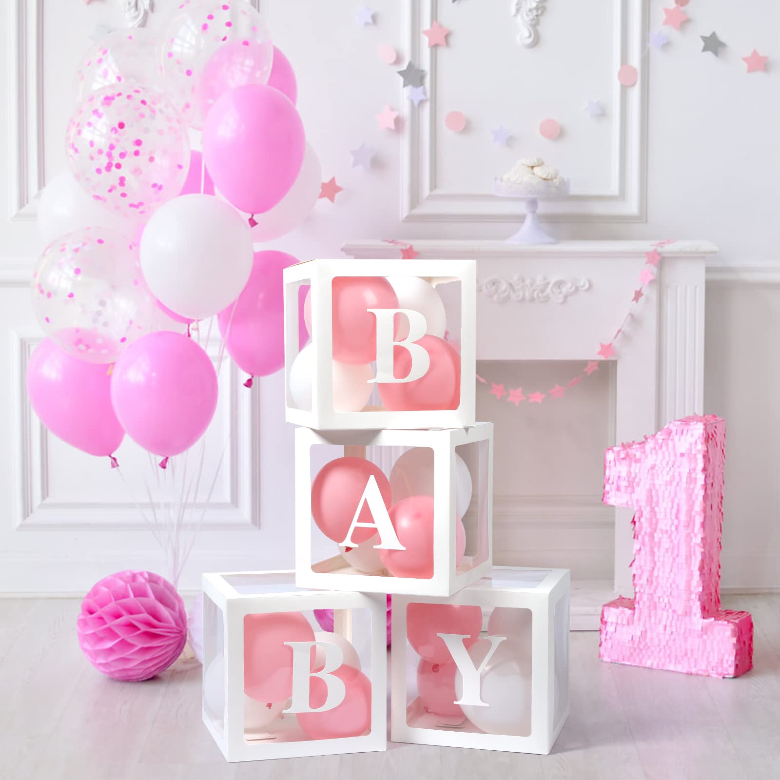 Voircoloria Baby Boxes with Letters, 4 Transparent Balloon for Gender Reveal Birthday Wedding Baby