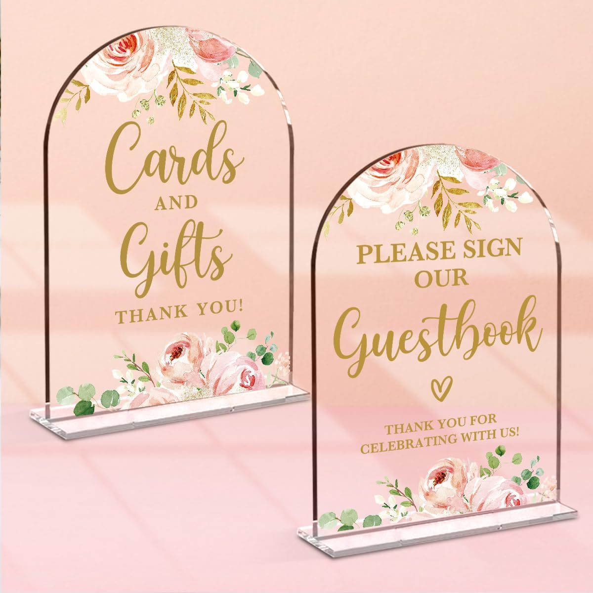 2 Pcs Acrylic Wedding Signs for Reception, Bridal Shower Decorations, Cards and Gifts Signs, Guest Book Sign, Arch Acrylic Table Top Sign with Holder for Wedding Reception (Clear Pink Flowers)