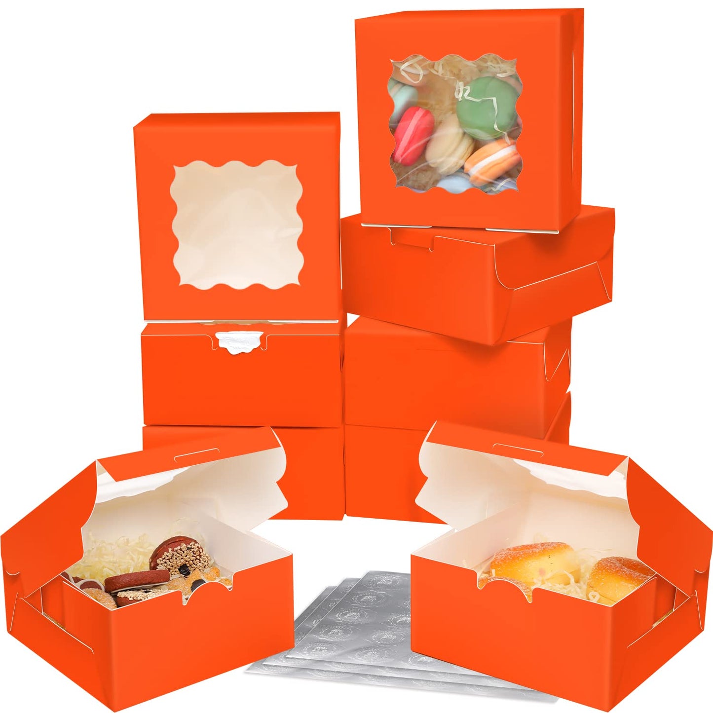Bakepacker 60pcs Orange Bakery Boxes with Window 6x6x3 inches Thick & Sturdy Macaroon Pastry Boxes Cookie Boxes for Bakerys