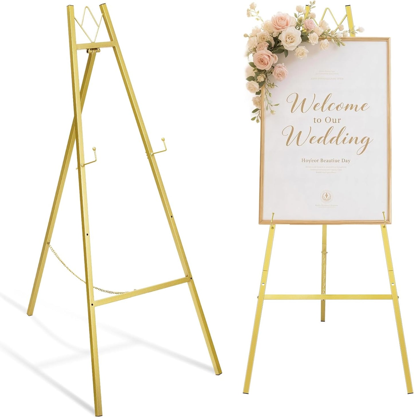 GRENTY 46.7" Gold Easel Stand for Wedding Signs ??No Assembly Needed, Heavy Duty Metal Display Stand for Art, Welcome Signs, Posters, Pictures, Paintings, and Floor Décor