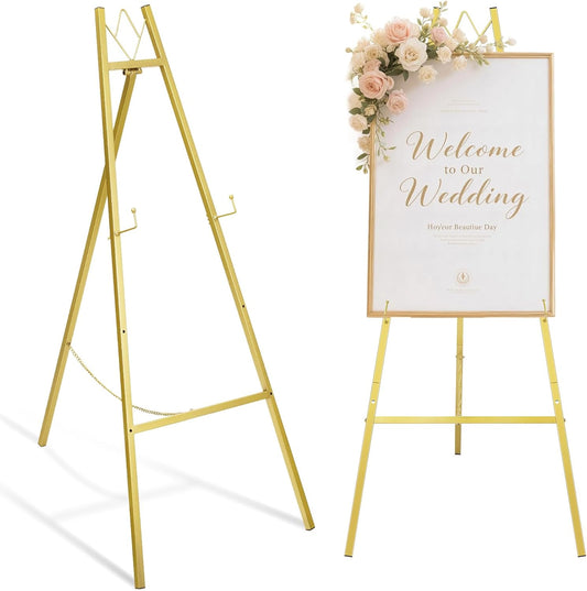 GRENTY 46.7" Gold Easel Stand for Wedding Signs ??No Assembly Needed, Heavy Duty Metal Display Stand for Art, Welcome Signs, Posters, Pictures, Paintings, and Floor Décor