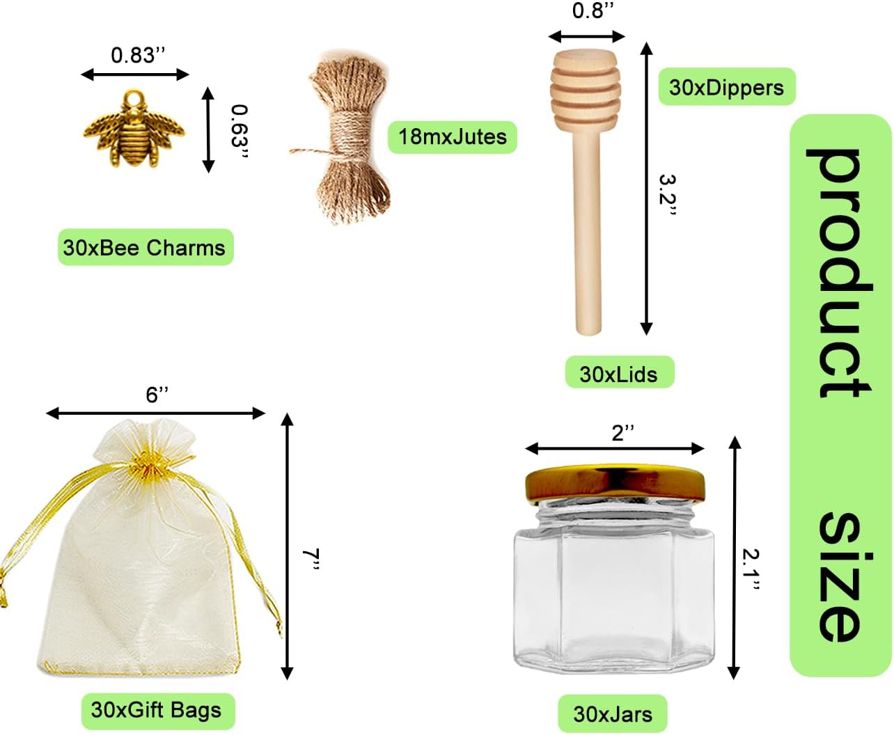 Adabocute Honey Pot, Mini Glass Honey Jars with Wood Dipper, Gold Lid, Bee Charms, Gold Organza Bags, Thank-you Tags, Ideal for Baby Showers Wedding Favors Party Favors, 2oz 30 Pack