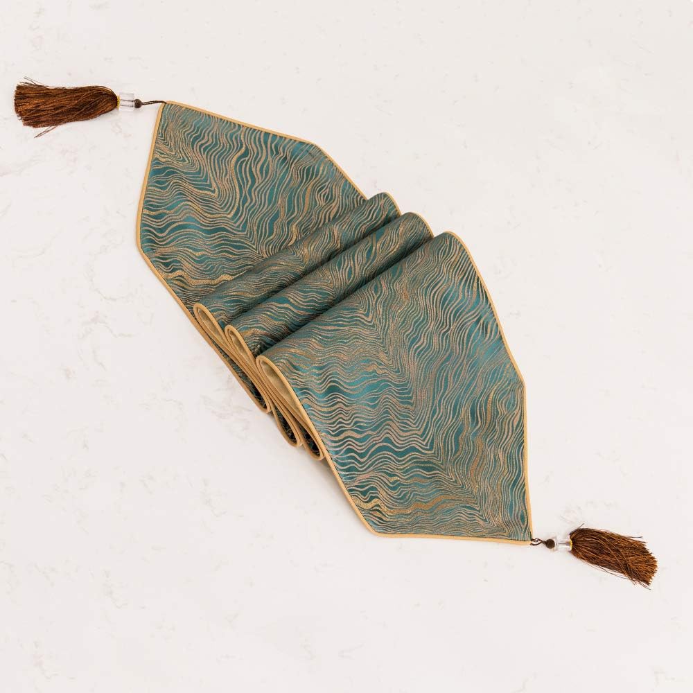 Avigers 12 x 72 Inch Decorative Luxury Abstract Striped Green Teal Table Runners with Tassels for Home Living Room Bedroom Art Decor Wedding