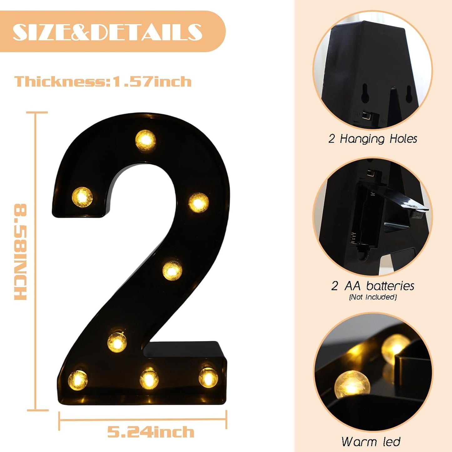 LED Marquee Numbers, 8.58 Inch Led Light Up Numbers for Party, Small Light Up Letters, Battery Powered Lighted Number for Table, Birthday, Night Light, Christmas or Home Decor (Black, Number 2)