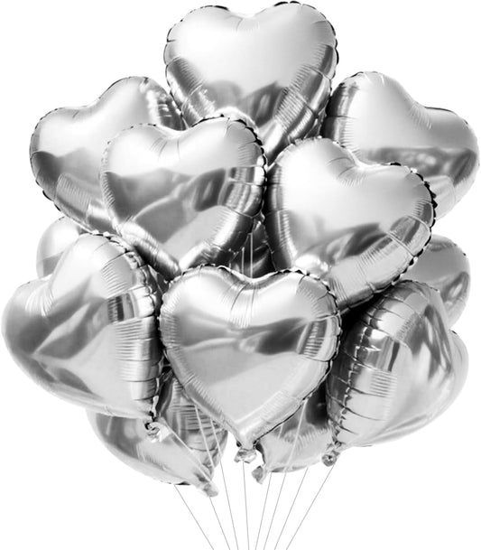 TONIFUL 15Pcs 18 Inch Silver Heart Balloons Silver Heart Shape Foil Mylar Balloons Decoration for Birthday Valentine's Day Wedding Bridal Shower Anniversary Engagement Party Supplies