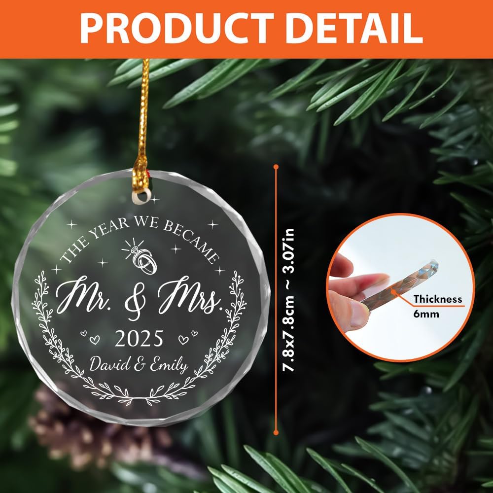 Personalized Wedding Christmas Ornaments - Mr And Mrs Gifts - Wedding Gift Ideas For Couples 2025, Bride, Future Mr And Mrs - Bridal Shower Gift Ideas - 1St Married Christmas Glass Ornament