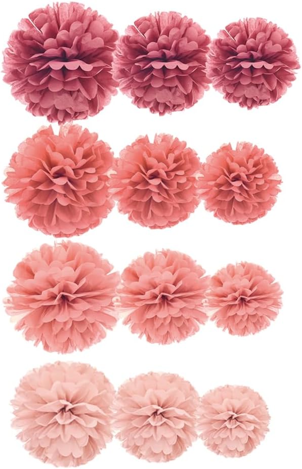 Dusty Rose Blush Pink Mauve Tissue Paper Pom Poms Flower for Baby Shower Valentine's Day Birthday Wedding Bachelorette Party Decoration, 12pc