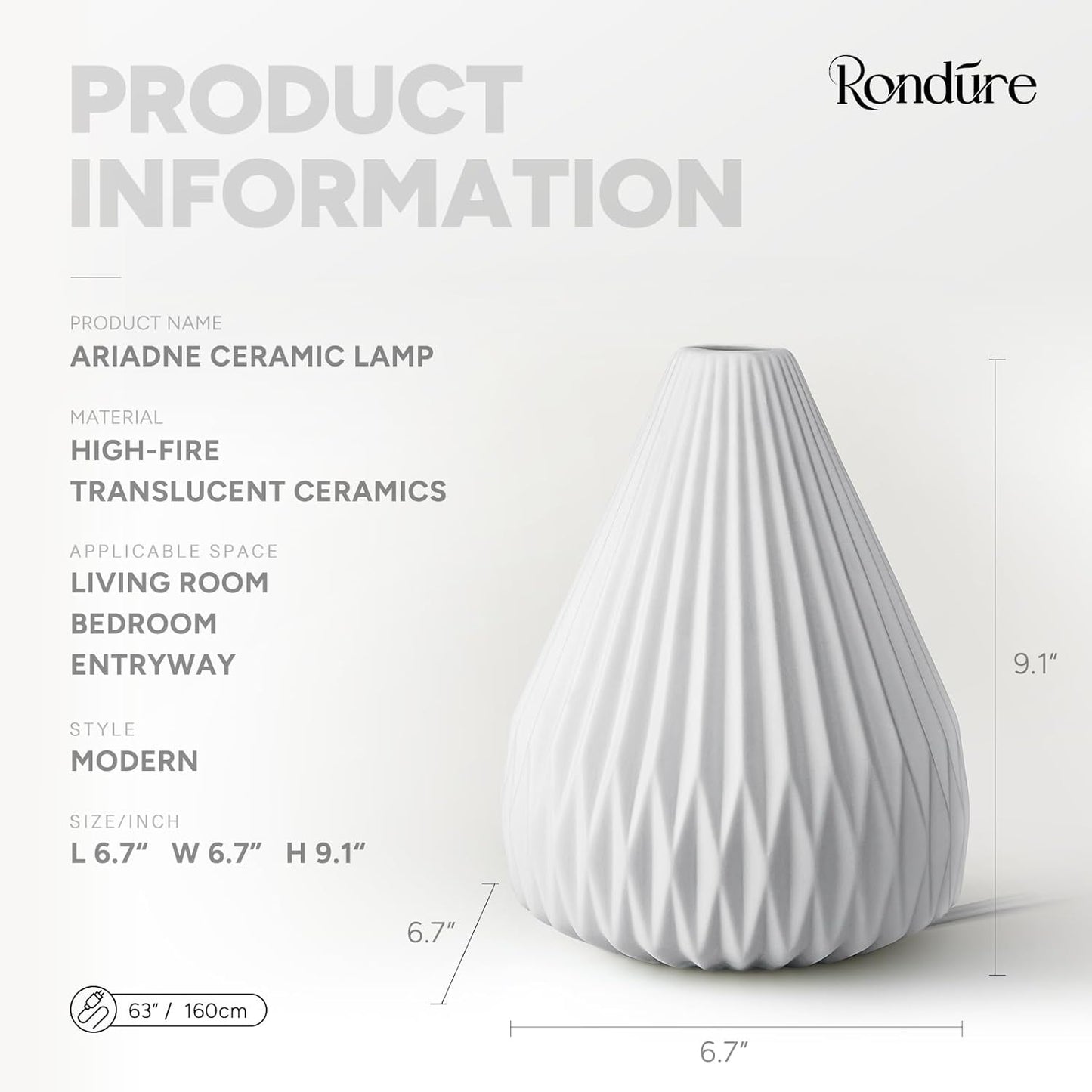 RONDURE 9.1" Modern Ceramic Table Lamp, Modern Bedside Lamps for Bedroom, Living Room and Nightstand, White Translucent Ceramic Shade, Warm Ambient Lighting, Home Decor