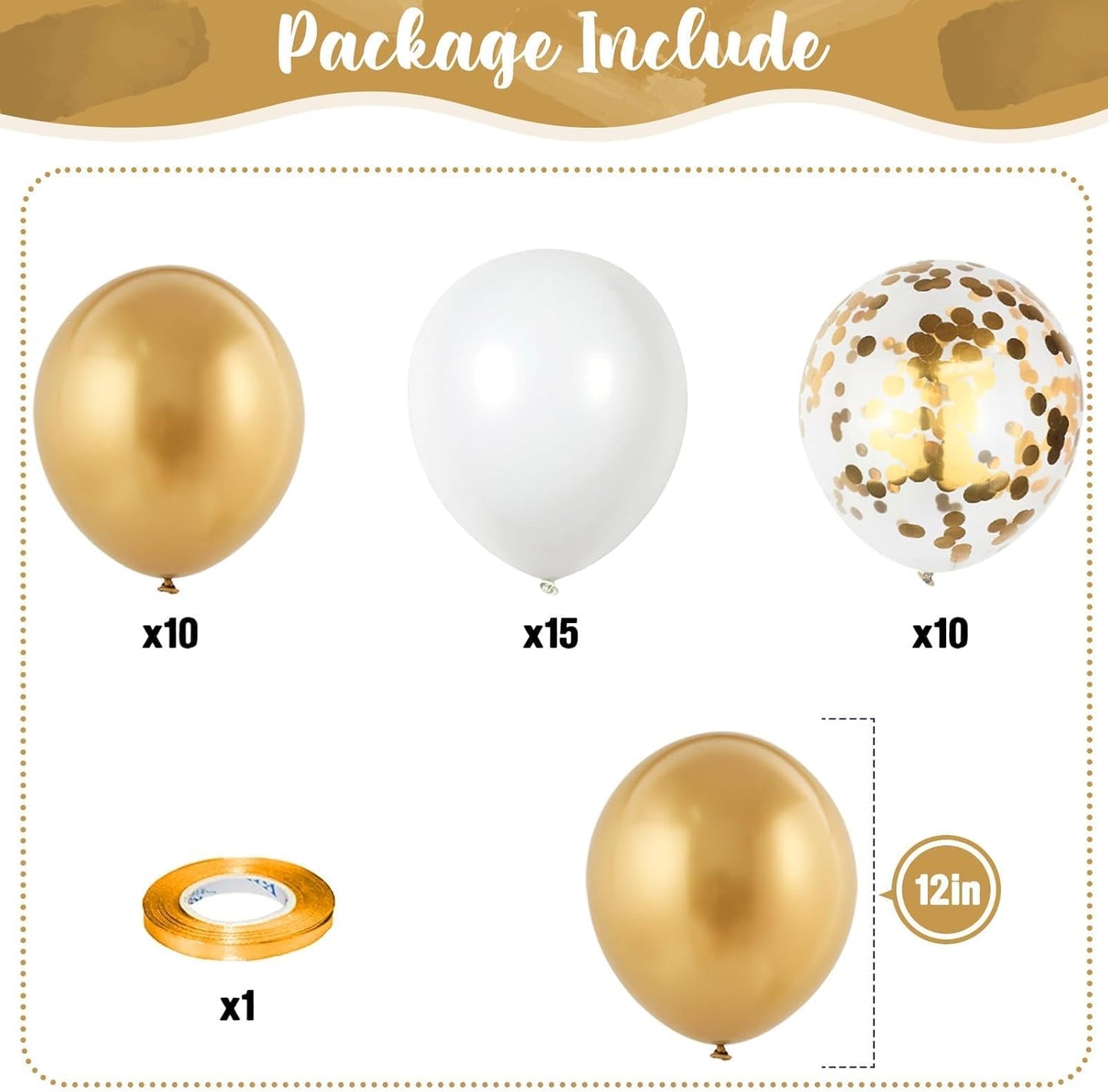 Metallic Gold Balloons Set, Pack of 35 12 Inch White Gold Confetti Latex Balloon, Gold and White Birthday Party Balloons for Women Girls Wedding Engagement Baby Bridal Shower Party Decorations