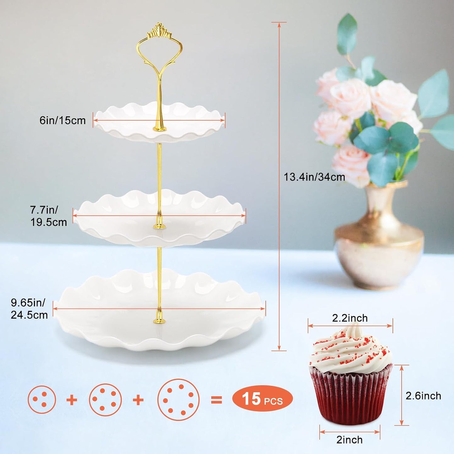 Coitak 3 Tier Cupcake Stand, Plastic Tiered Serving Stand, Dessert Tower Tray for Tea Party, Baby Shower and Wedding (Wavy-Metal Rod)