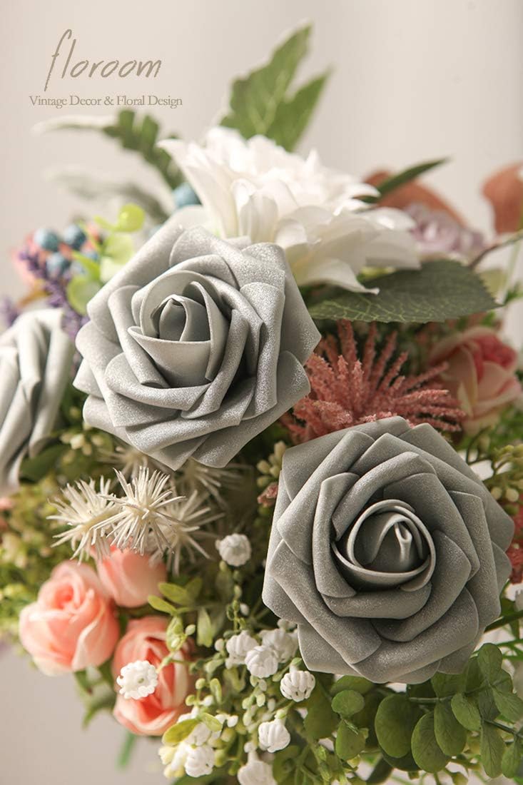 Floroom Artificial Flowers 25pcs Real Looking Shimmer Silver Grey Foam Fake Roses with Stems for DIY Christmas Ornaments Wedding Bouquets Party Tables Centerpieces Floral Arrangements Home Decorations