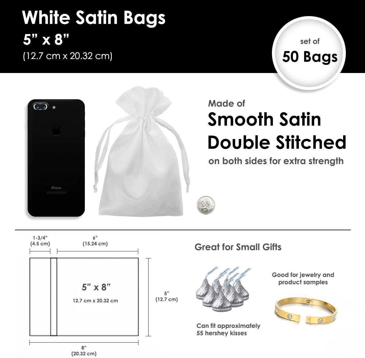 5" x 8" White Satin Gift Bags, Jewelry Bags, Wedding Favor Drawstring Baby Shower Christmas 50 per Pack