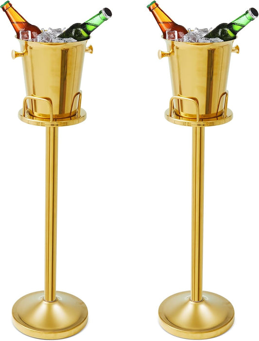 Lallisa 2 Pieces Wine Ice Bucket with Stand Stainless Steel Standing Champagne Ice Bucket Cube Container on Stand for Beer KTV Club Bar BBQ Wedding 35.8in 5L (Gold)