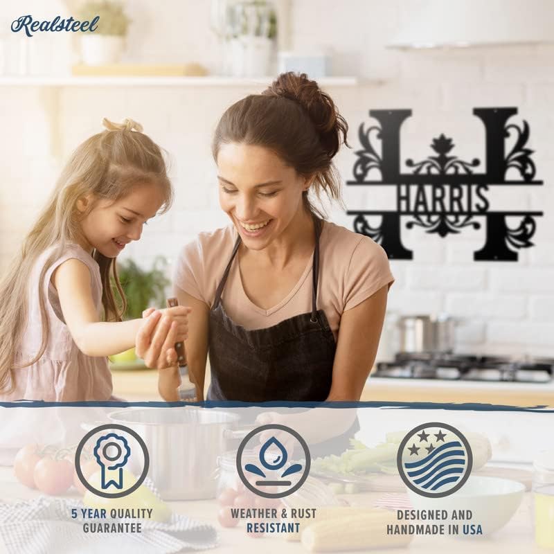 RealSteel Metal Split Letter Monogram - Personalized Metal Decor - Custom Last Name Sign - Monogram - Welcome Sign - Indoors or Outdoors (16", Gold)