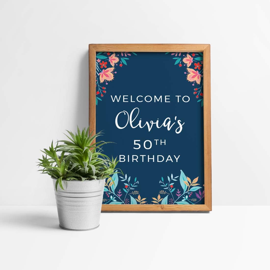 Andaz Press Personalized Extra Large Birthday Easel Board Party Sign, 12x18-inch, Vintage Bohemian Flowers on Navy Blue, Welcome to Olivia's 50th Birthday, 1-Pack, Custom Name Age