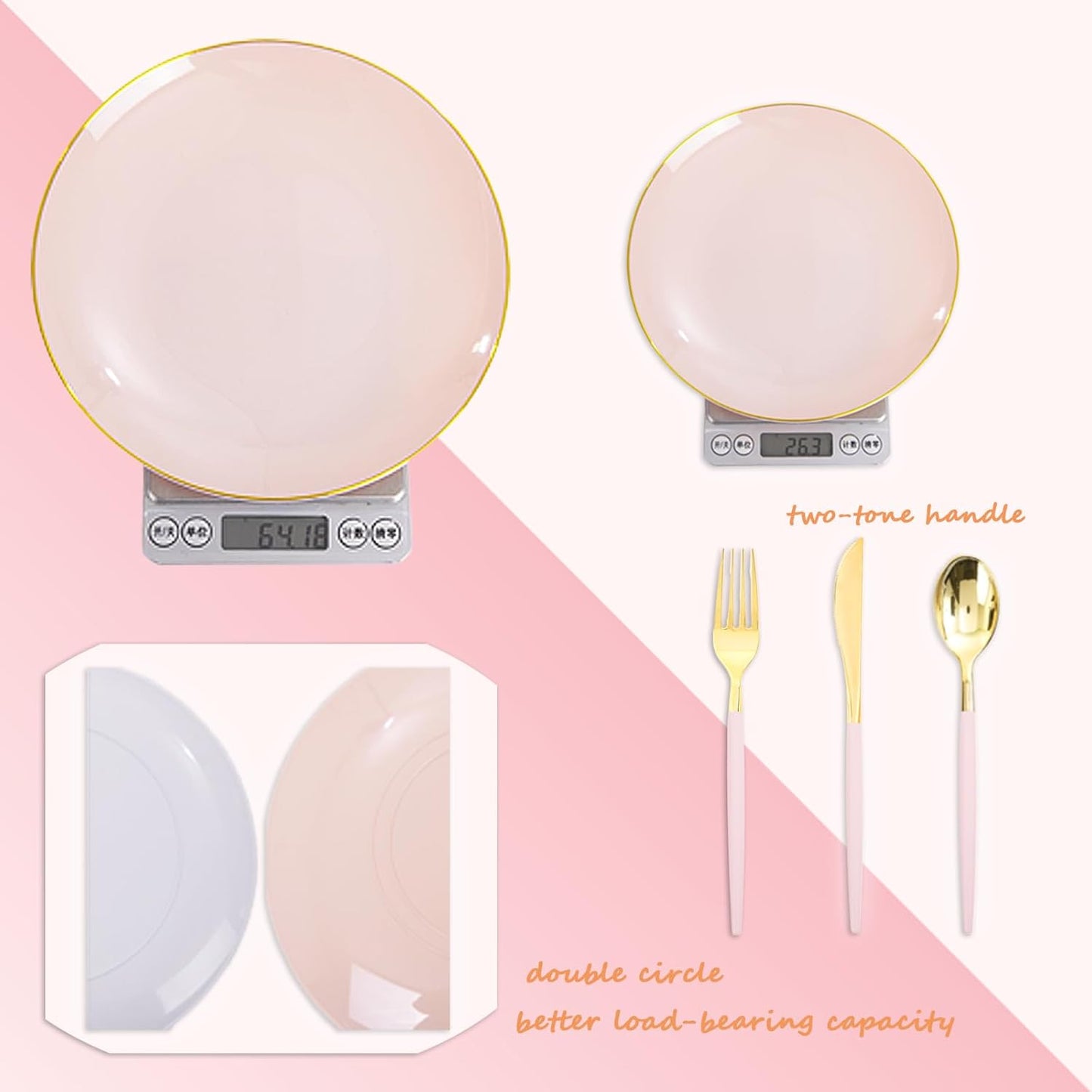 Liacere 150PCS Plastic Plates-Gold Plastic Silverware with Pink Handle - Pink Disposable Plates Include 30 Guests Plates, Forks, Spoons, Knives for Wedding ＆ Easter Day ＆Mother's Day