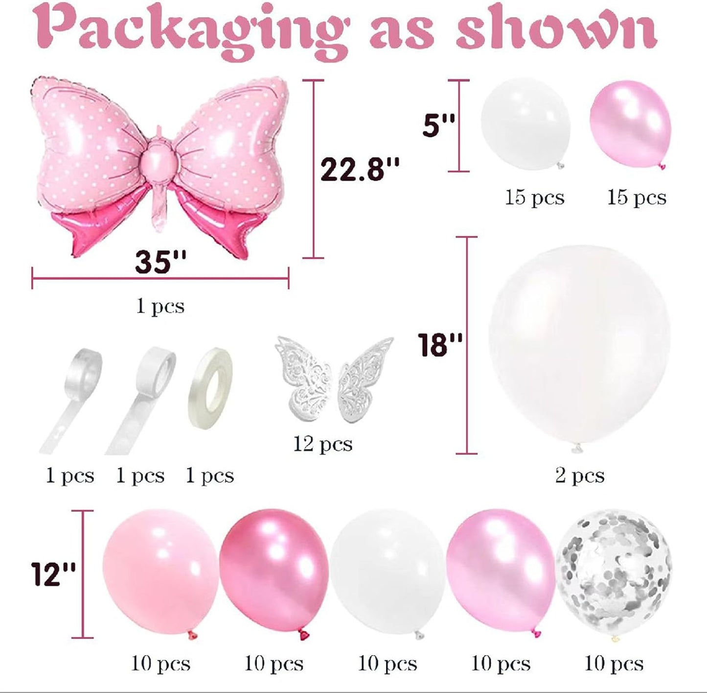 36 Inches Bow Foil Balloon Huge Bowtie Pink Balloon for Baby Shower, Wedding, Kids Theme Party Decoration (Pink white)