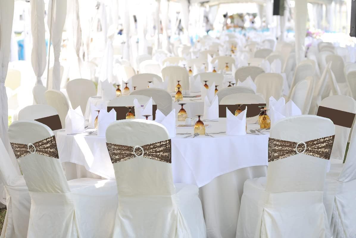 100 Pcs Chair Sashes Sequin Stretch Chair Bands Spandex Polyester Bows for Party Hotel Wedding Banquets Decoration - Coffee