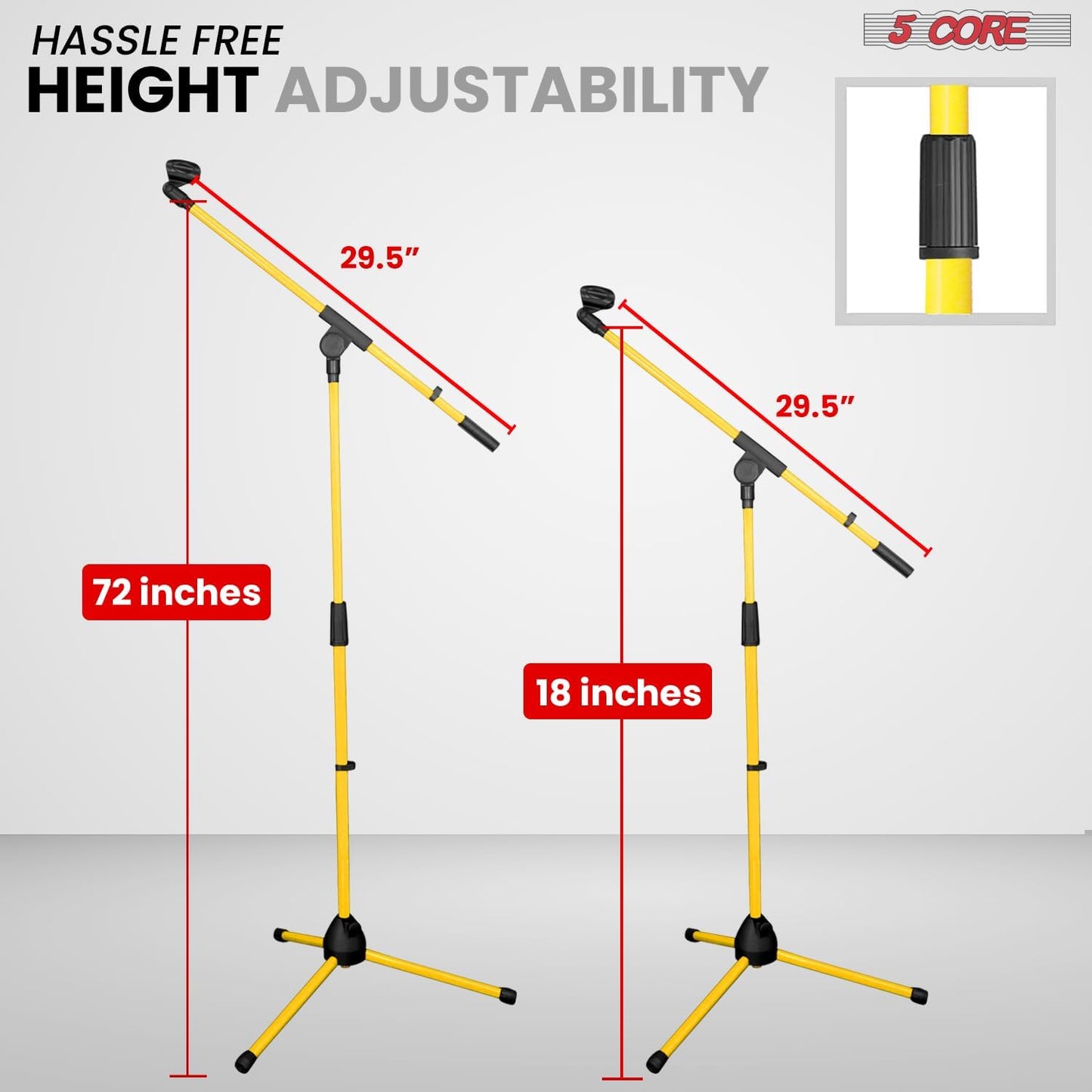5 Core Tripod Mic Stand Floor Adjustable 18 to 72 Inches Sturdy Boom Arm Holder Microphone Stands Pedestal Para Microfono for Singing - MS 080 YLW