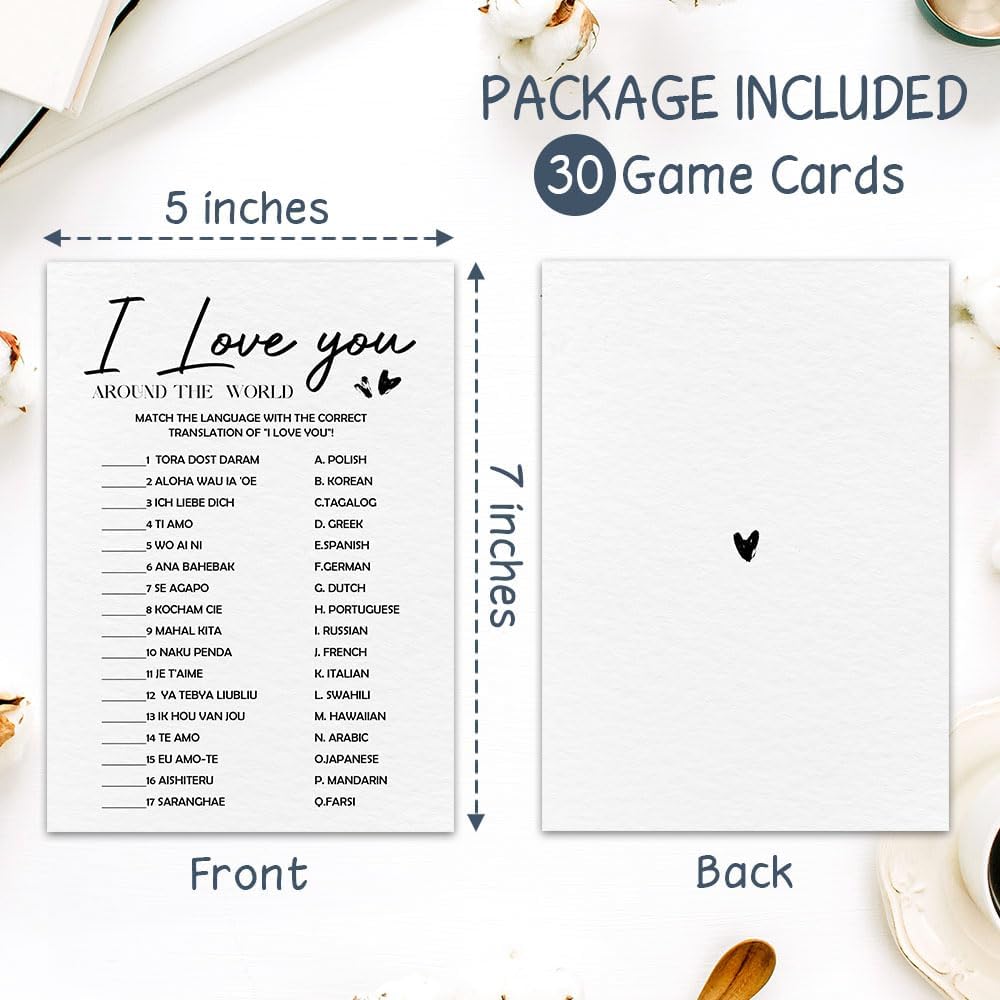 30 Game Cards & 1 Answer Card - I Love You - Bridal Shower, Engagement, Mr & Mrs, Newlyweds, Wedding Games, Party Activities & Supplies - B02 White