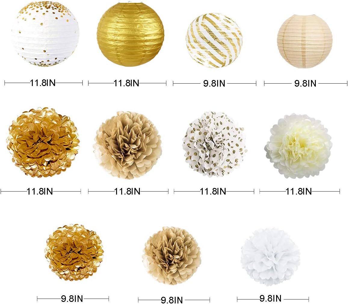 White and Gold Party Decoration Kit Lanterns Flowers Pom Pom with Gold 3D Butterfly Stickers and Leaf Garland Streamers for Birthday Engagement Wedding Bridal Shower Bachelorette Party Decor Supplies