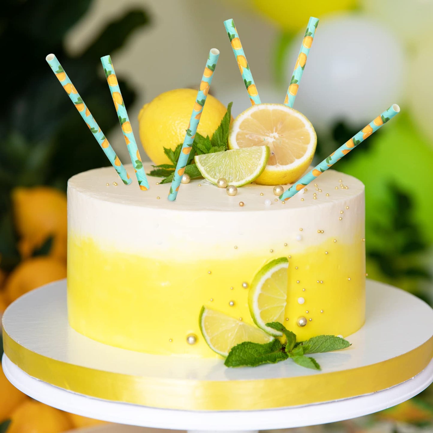 Whaline 200Pcs Watercolor Lemon Paper Straws Summer Disposable Drinking Straws Lemon Party