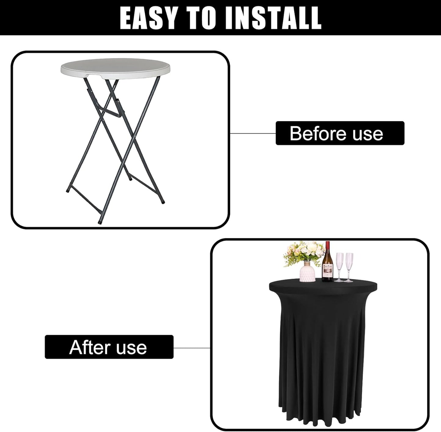 Fivenl 2 Pack Spandex Cocktail Table Skirt 32"x 43" Black Stretch Cocktail Table Cover, Washable Round High Top Tablecloth for Bar, Wedding, Party, Events (Black)