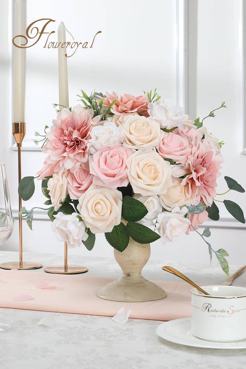 Floweroyal Artificial Pink Flowers Fake Rose Flowers Dahlia with Stems for DIY Wedding Bridal Bouquets, Baby Shower, Floral Arrangement, Table Centerpieces, Home Decorations.