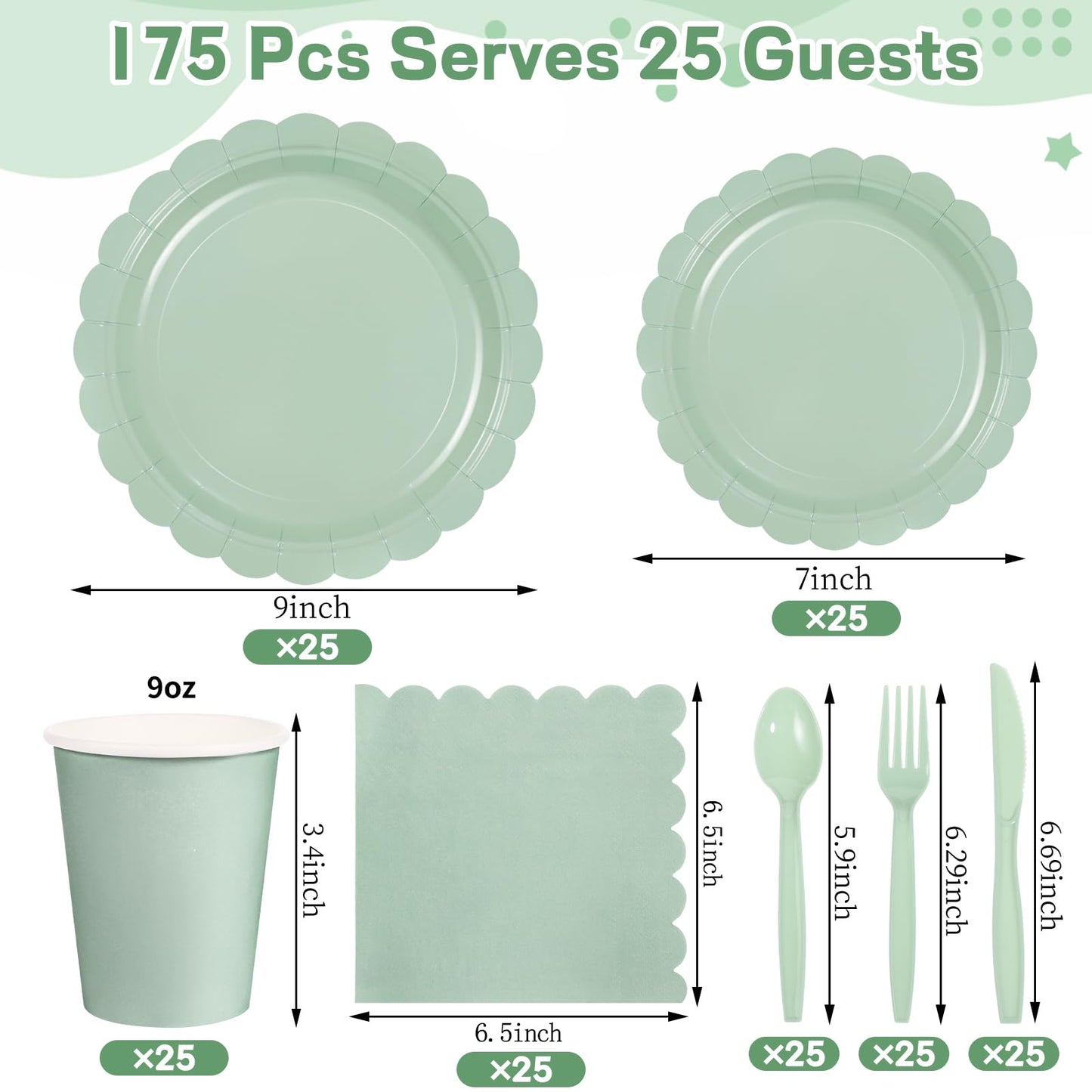 Xiangqu Party Plates and Cups and Napkins, 25 Set Sage Green Dinnerware