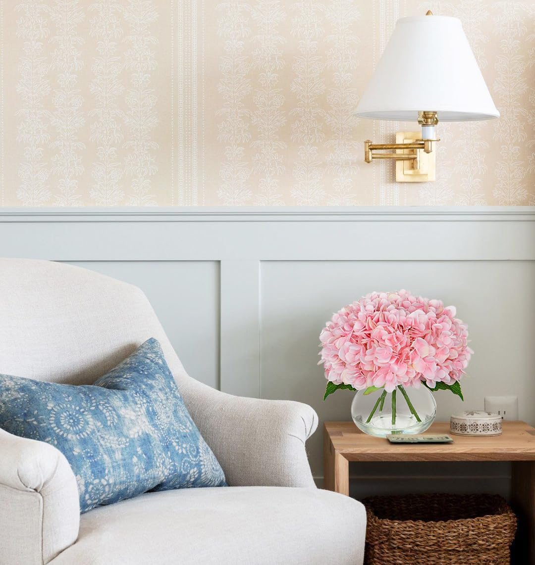 Hollyone Hydrangea Artificial Flowers with Glass Vase Pink Silk Faux Flowers Arrangements with Clear Faux Water Fake Floral Bulk Bouquet for Home Decor Table Centerpiece Decorations