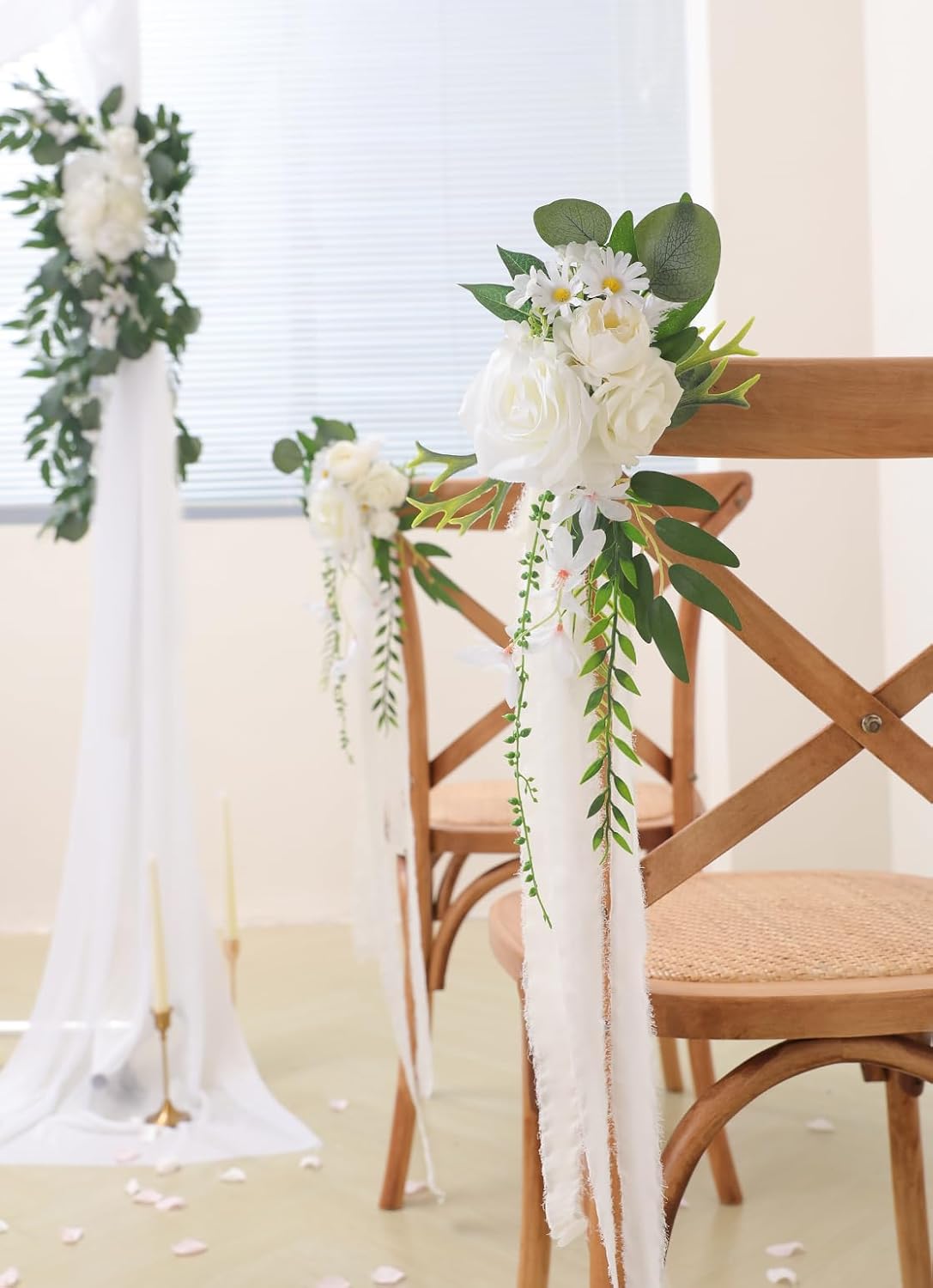 Wedding Aisle Decorations 8pcs Chair Decorations Artificial Flowers for Wedding Ceremony Party Chair Decor with Chiffon Ribbons(White)