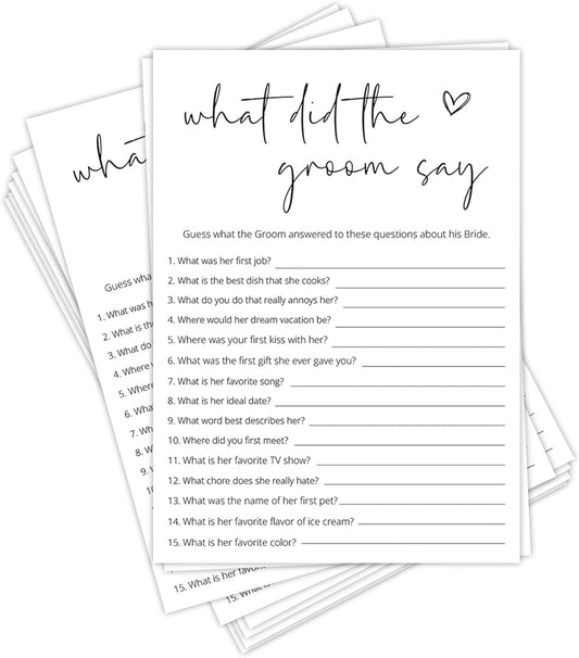 Bridal Shower Games, What Did The Groom Say, 25Pcs Minimalist White Double-Sided Bridal Game Cards, Wedding Shower Games for Guests, Engagement Bachelorette Party Supplies - A14