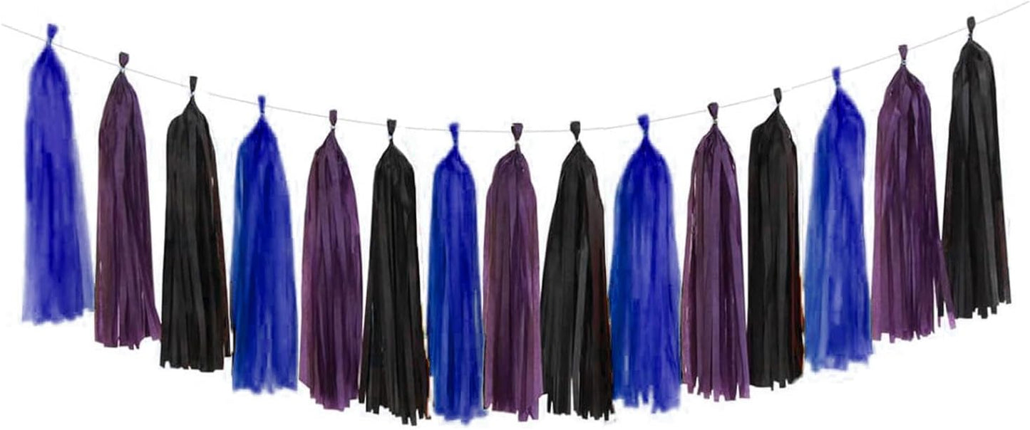Dark Blue Dark Purple and Black Tassel Garland Banner Paper Tassels for Video Game Birthday Party Decorations,Pack of 15