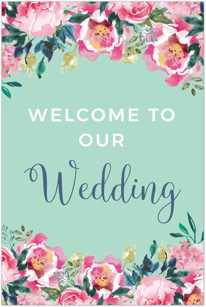Andaz Press Extra Large Wedding Easel Board Party Sign, 12x18-inch, Tea Party Pink Peonies on Mint Green, Welcome to Our Wedding, 1-Pack