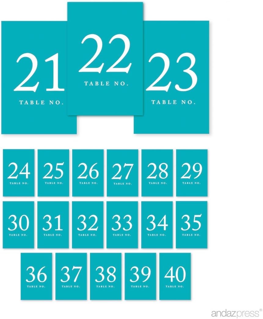 Andaz Press Aqua Turquoise Wedding Table Numbers 21-40, 4x6-Inches Table Number Cards For Wedding Reception Table Number For Seating Chart For Wedding Reception Restaurant Classroom, Boda