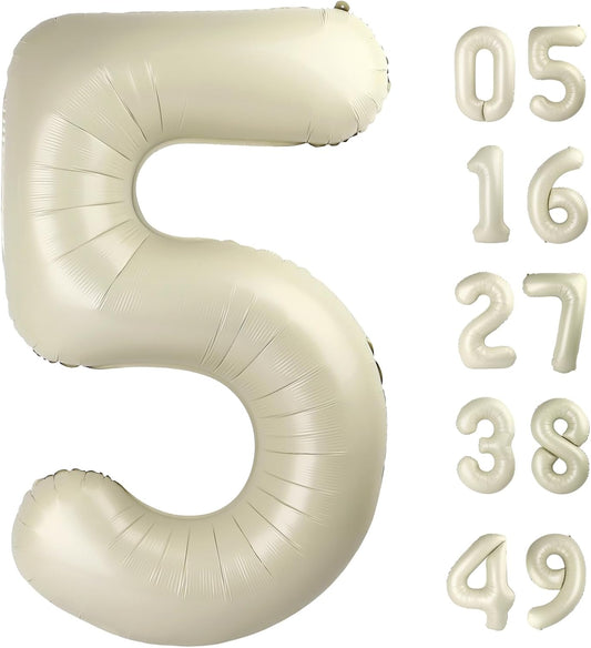 Cream White 5 Number Balloon 40 Inch Large Birthday Balloon, Five 5th 15 25 35 50 55 Birthday Celebration Decorations, Foil 5 Mylar Helium Number 5 Balloons Girl Boy Anniversary Party Supplies