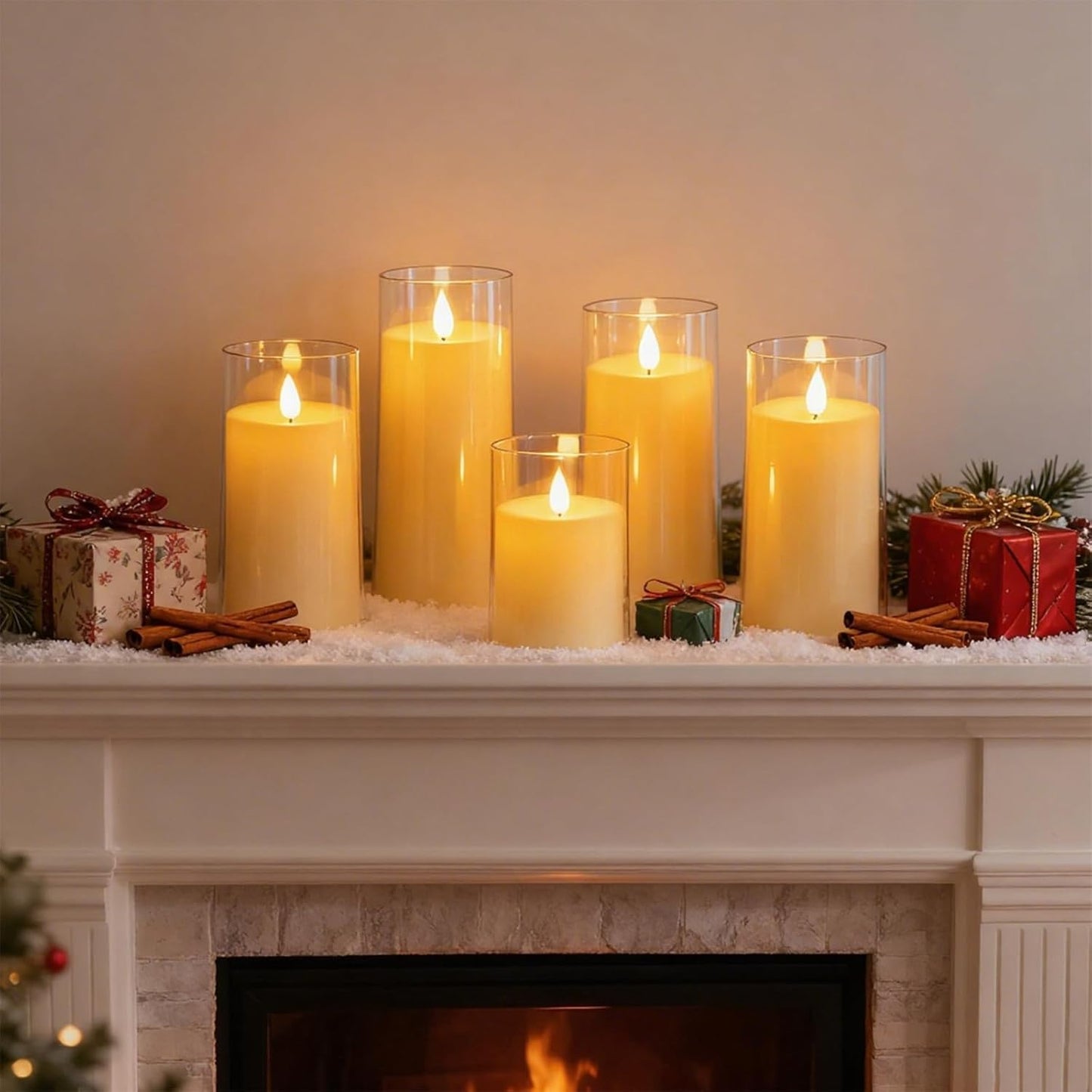 Fo32won Ivory White LED Flameless Pillar Candles Battery Operated with Remote and Timer, Pack of 5 (D 3"×H 4" 5" 6" 8" 8") Decorative Plexiglass Flickering Candles with 3D Flame