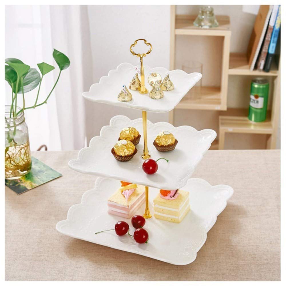 Sumerflos 3 Tier Porcelain Cupcake Stand, Tiered Serving Cake Stand, Square White Embossed Dessert