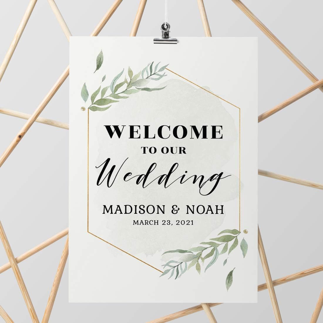 Andaz Press Personalized Extra Large Wedding Easel Board Party Sign, 12x18-inch, Modern Black, Gold with Green Leaves Florals, Welcome to Our Wedding Bride Groom Name Date, 1-Pack, Custom