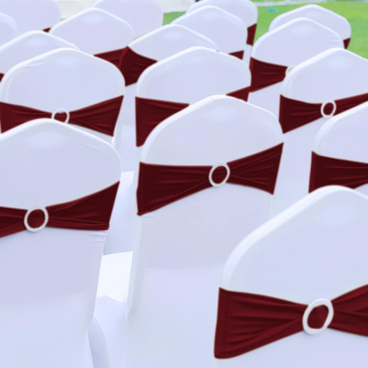 CHENGU 150 Pieces Spandex Stretch Chair Sashes Bows Elastic Chair Cover Bands Ties with Buckle Slider for Wedding Party Reception Events Universal Ceremony Banquet Decorations(Burgundy)