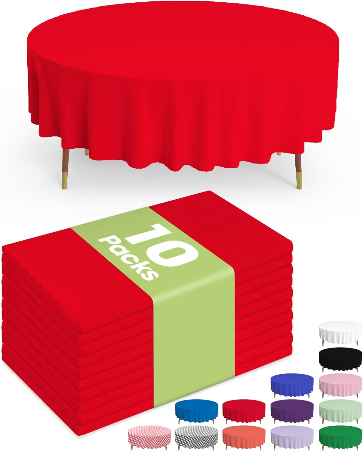 Pureegg Plastic Table Cloth Disposable 10 Pack, 84'' Round Table Cloths, Valentines Day, Thanksgiving, Christmas Decorations, Fall Tablecloths, Round, Plastic Cover, Leakproof & Sturdy, Red