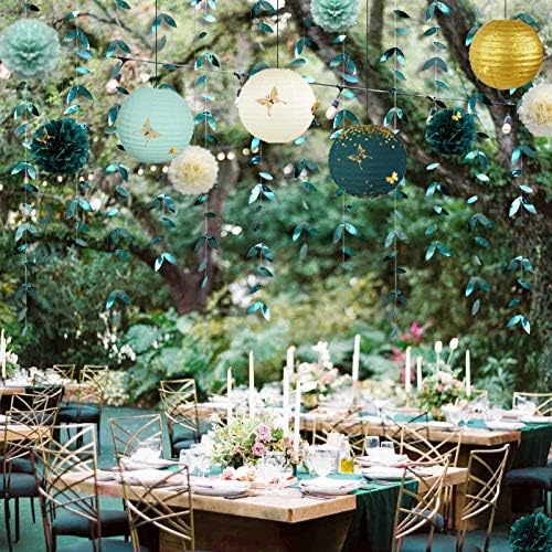 Hunter Green and Gold Hanging Tissue Lantern Flowers Pom Pom with 3D Butterflies Leaf Garland Streamer for Botanical Wedding Bridal Baby Shower Birthday Engagement Bachelorette Party Decorations