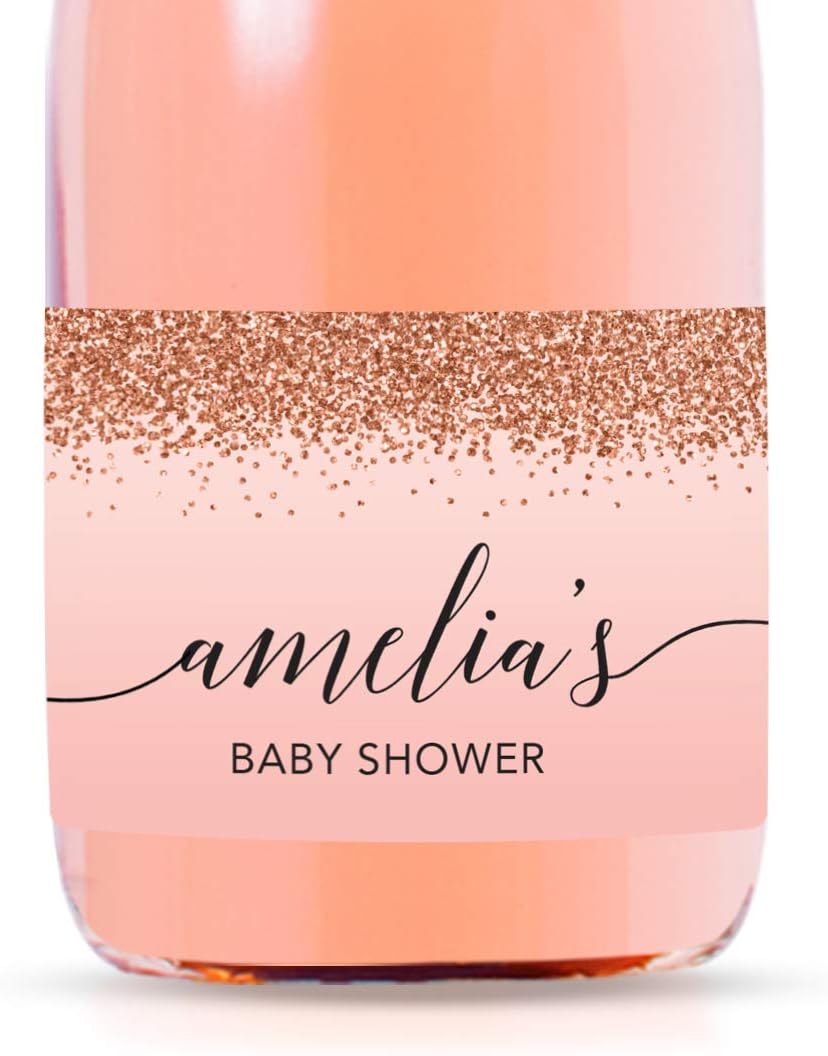 Andaz Press Personalized Mini Champagne Wine Bottle Labels, Amelia's Baby Shower, Blush Pink Faux Rose Gold Glitter Elegant, 20-Pack, Custom Party Favor Gift Label Stickers Baby Shower